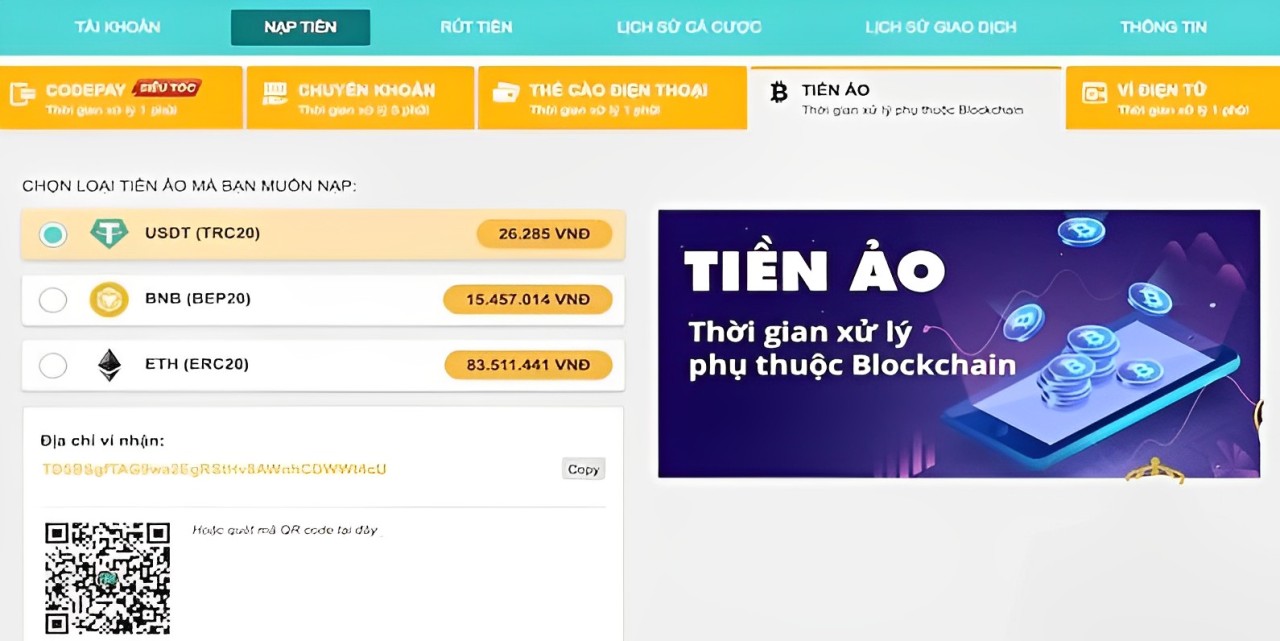 bước 2 - chọn nạp tiền typhu88 -> nạp tiền ảo