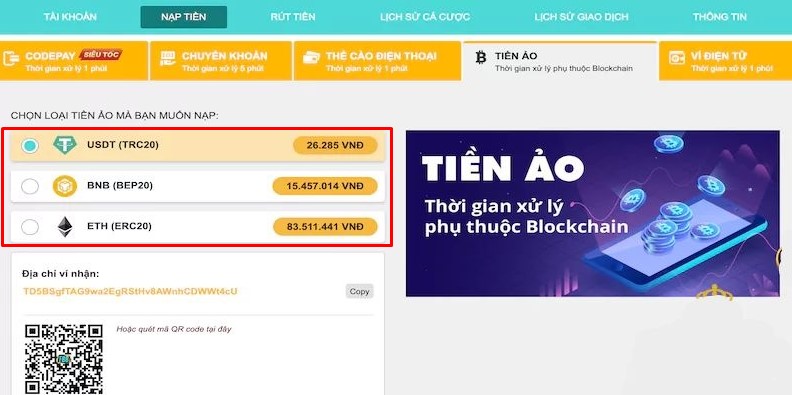 lưu ý lựa chọn đúng loại tiền ảo khi nạp tiền typhu88 bằng usdt