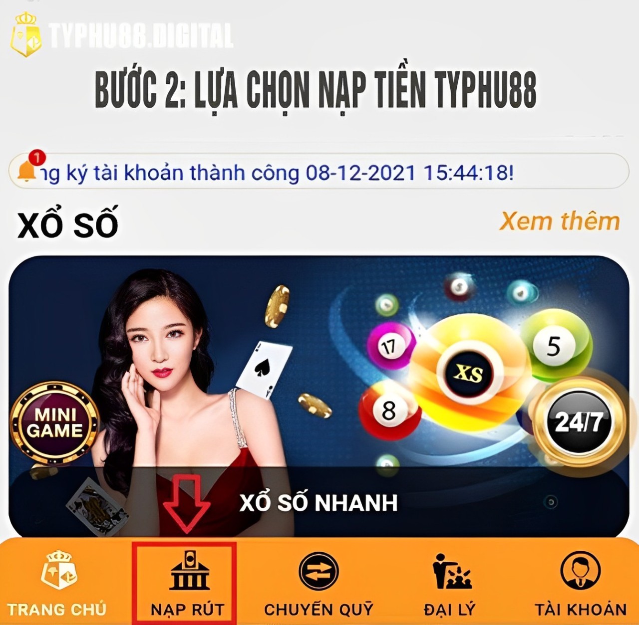 bước 2 lựa chọn nạp rút tiền