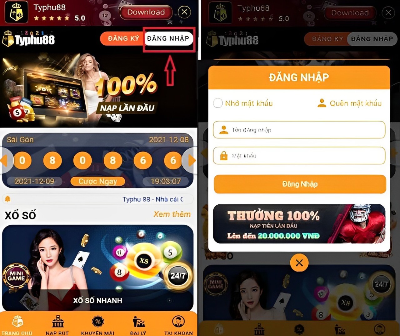 đăng nhập tài khoản để nạp tiền typhu88