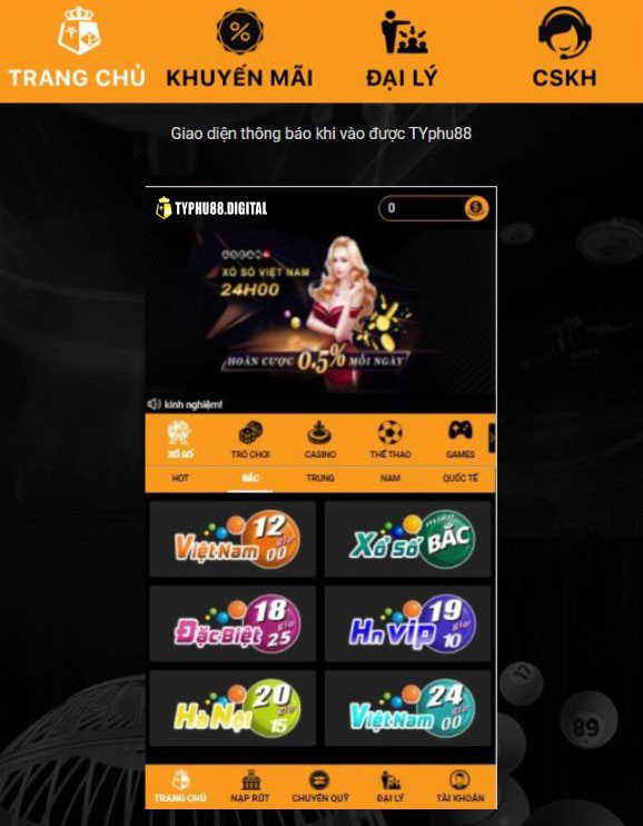 giao diện app typhu88 trên điện thoại android